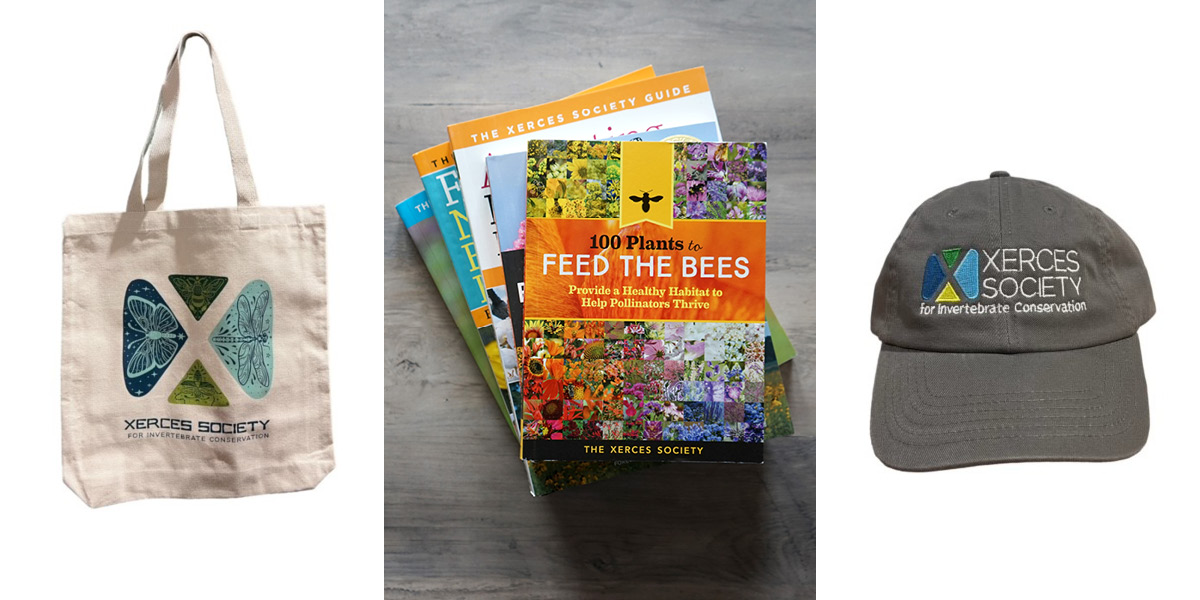Xerces tote bag, books, and hat