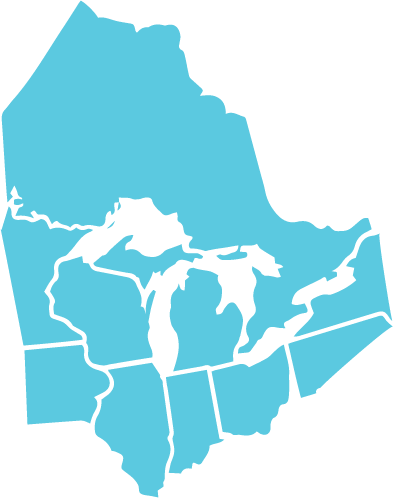 A map of the Great Lakes Region is shown: Ontario, Wisconsin, Michigan, Illinois, Indiana, Ohio, and parts of Minnesota, Iowa, New York, and Pennsylvania. This map is teal.