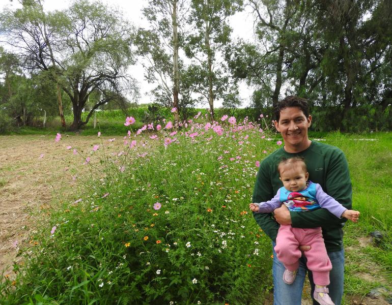 The author, Héctor Ávila Villegas, stands beside a pollinator habitat strip full of pink, white, and yellow flowers