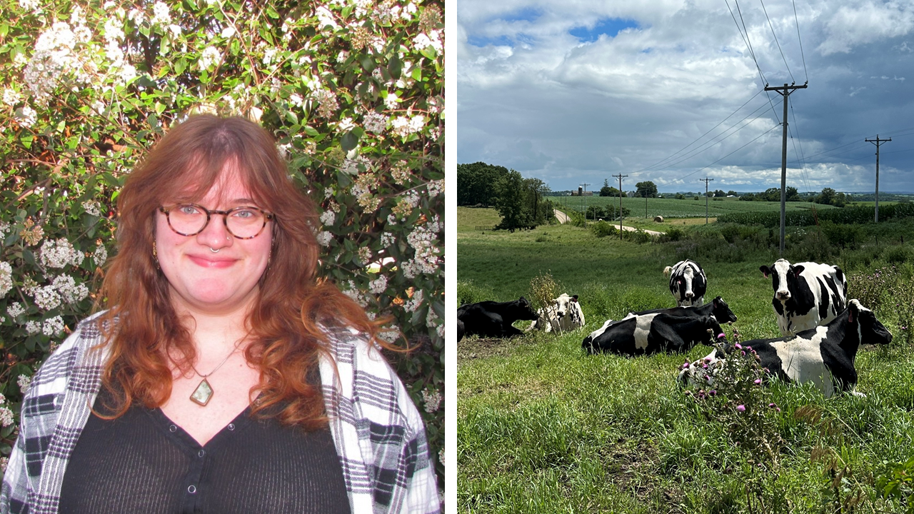 On left, Holly Myers smiles while standing in front of a flowering bush. On right, several black and white cows rest in their pasture near some wildflowers.