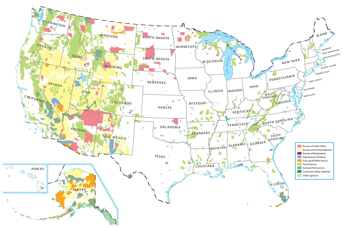 A map of the USA showing the different types of federal public land in the country.