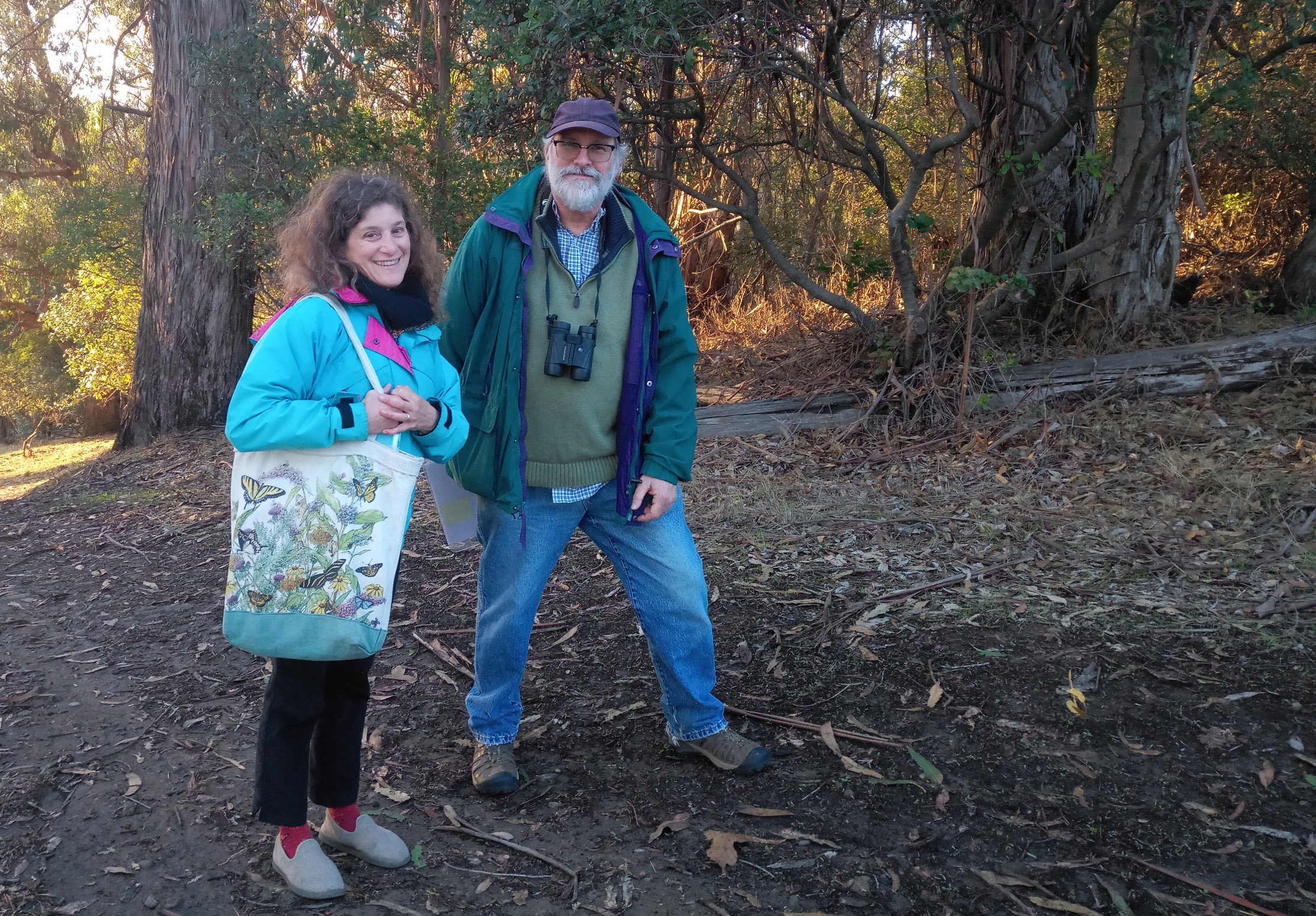 A man and a woman stand nest to each other in front of a grove of old trees.