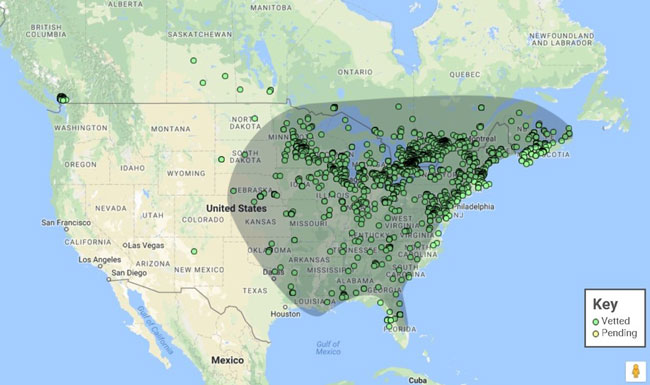 A map showing the known range-map of B. impatiens (shaded area) and verified records from the Bumble Bee Watch database (green dots) as of September 29, 2017.