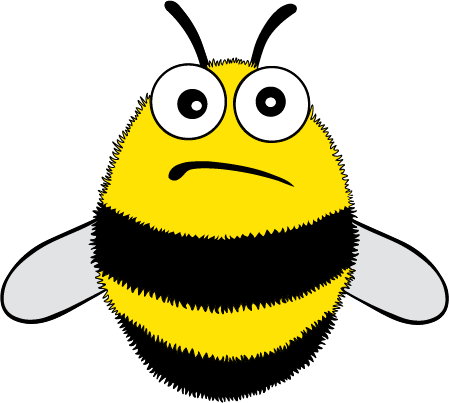 A cartoonish bee with fuzzy, black and yellow stripes looks perturbed.