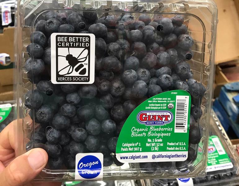 A plastic container of blueberries at a grocery store. The packaging is labeled with the Bee Better Certified seal. 