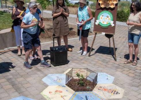 Bee City folks celebrating a tiny pollinator park 