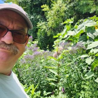 Michael McIntyre smiling in front of tall flowering plants like sunflowers