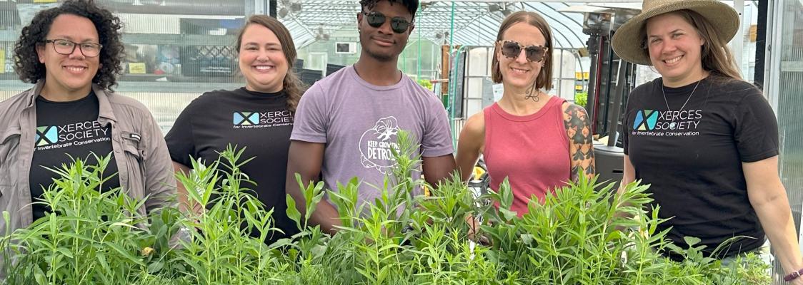 2023 Detroit Pollinator Habitat Kit Distribution at Keep Growing Detroit. Pictured left to right: Stefanie Steele / Xerces, Kailee Slusser / Xerces, Akello Karamoko / Keep Growing Detroit, Roanna Cooper / volunteer, Deborah Seiler / Xerces. Photo by KGD.